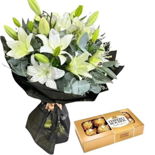 Ramo de flores lilium lirios blancos y rocher x8